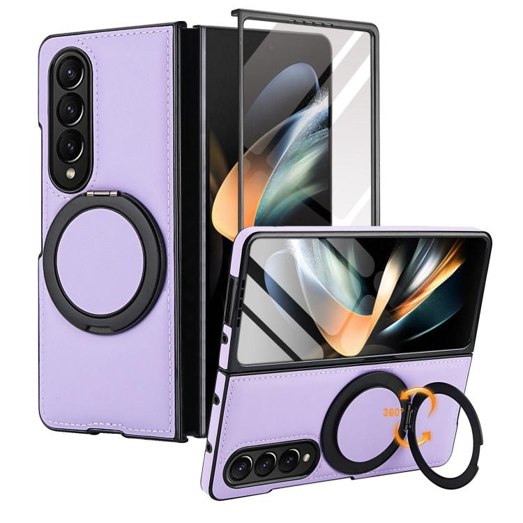 Funda de cuero plegable con soporte giratorio y película MagSafe integrada para Samsung Galaxy Z Fold4 (morado claro)