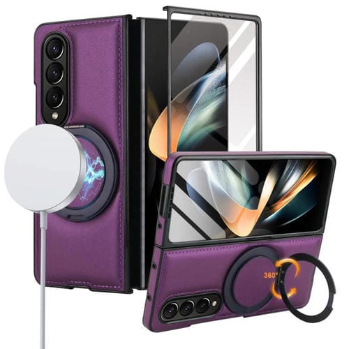 Funda de cuero plegable con soporte giratorio y película MagSafe para Samsung Galaxy Z Fold3 5G (morado oscuro)
