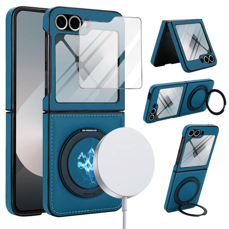 Funda de cuero con soporte giratorio y película MagSafe integrada para Samsung Galaxy Z Flip6 (azul)