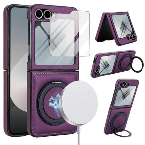 Funda de cuero con soporte giratorio plegable y película MagSafe integrada para Samsung Galaxy Z Flip6 (morado oscuro)