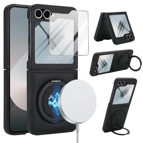 Funda de cuero con soporte giratorio plegable y película MagSafe integrada para Samsung Galaxy Z Flip5 (negro)