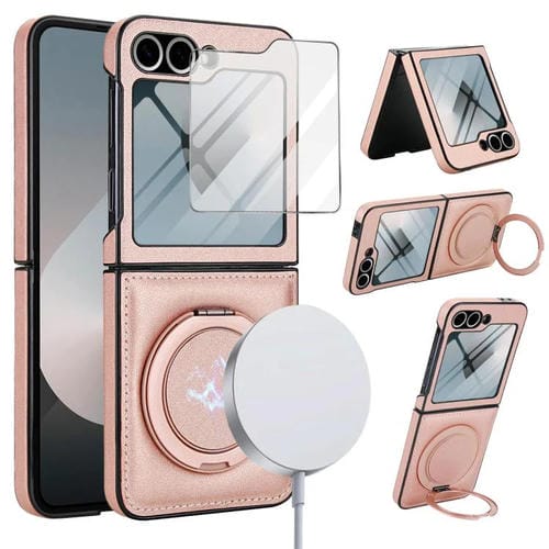 Funda de cuero con soporte giratorio plegable y película MagSafe integrada para Samsung Galaxy Z Flip5 (oro rosa)