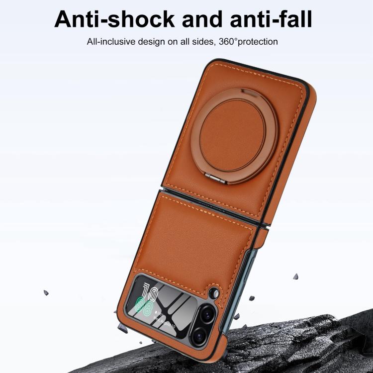 Funda de cuero con soporte giratorio plegable y película MagSafe integrada para Samsung Galaxy Z Flip4 (marrón)