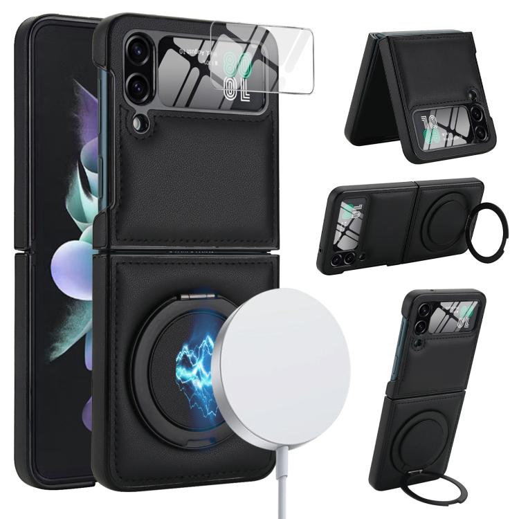 Funda de cuero con soporte giratorio plegable y película MagSafe integrada para Samsung Galaxy Z Flip3 5G (negro)