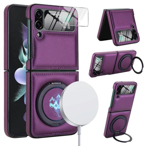 Funda de cuero plegable con soporte giratorio y película MagSafe para Samsung Galaxy Z Flip3 5G (morado oscuro)