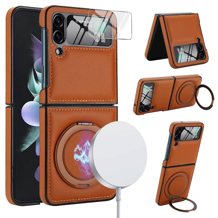 Funda de cuero plegable con soporte giratorio y película MagSafe integrada para Samsung Galaxy Z Flip3 5G (marrón)