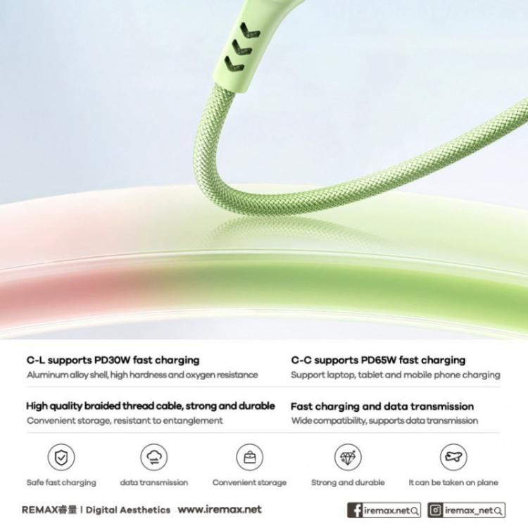 Cable de datos de carga rápida trenzado REMAX CB16 PD30W tipo C a Macaron de 8 pines, longitud: 1,2 m (rosa y verde)