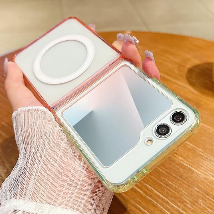 Funda MagSafe transparente con degradado de color en contraste para Samsung Galaxy Z Flip6 (verde fluorescente y rosa claro)