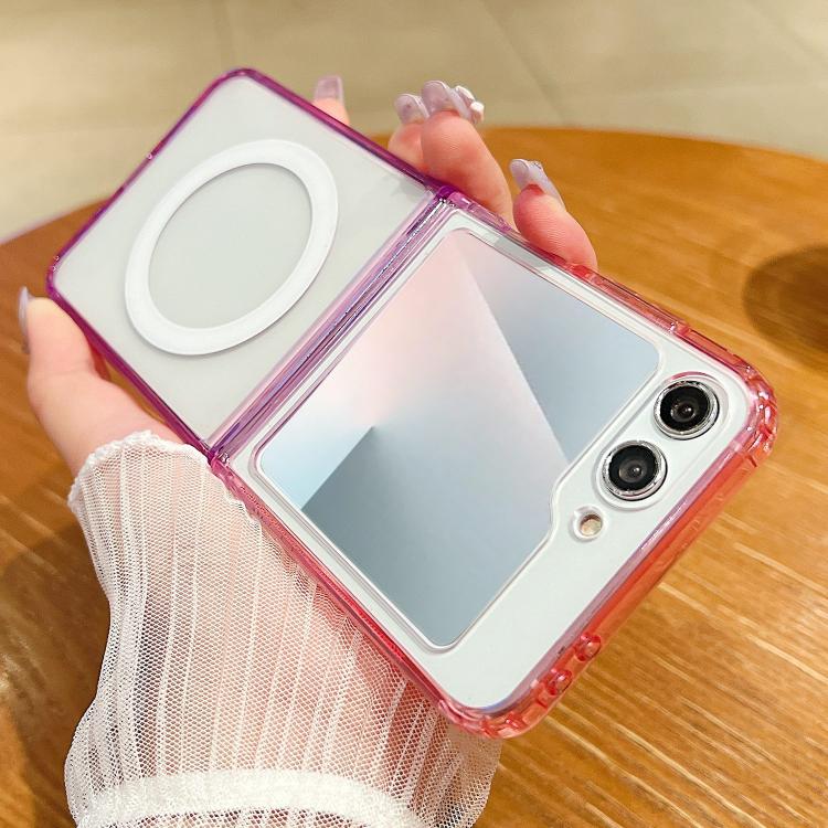 Funda MagSafe transparente con degradado de color en contraste para Samsung Galaxy Z Flip6 (morado, rosa y morado claro)