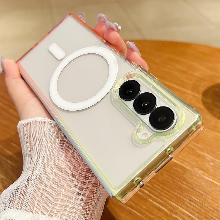 Funda MagSafe transparente con degradado de color en contraste para Samsung Galaxy Z Fold5 (verde fluorescente y rosa claro)