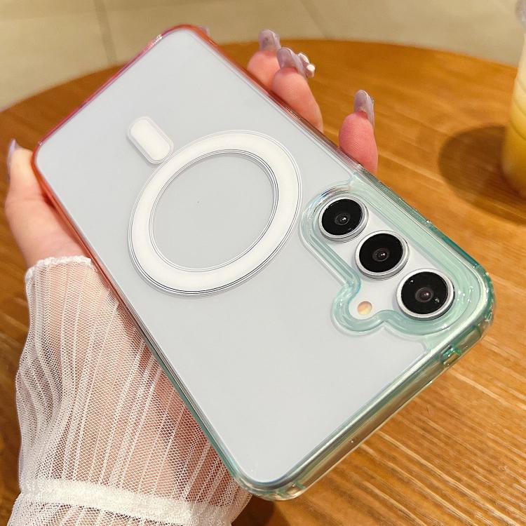 Funda MagSafe transparente con degradado de color en contraste para Samsung Galaxy A56 5G (azul, verde y rosa)