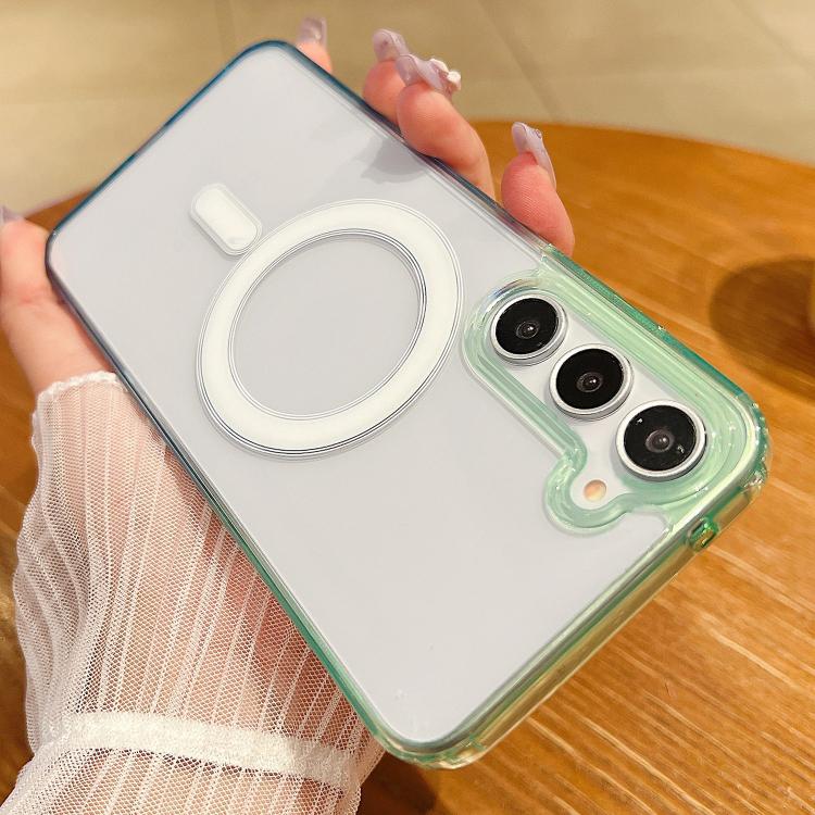 Funda MagSafe transparente con degradado de color en contraste para Samsung Galaxy S21 5G (verde y azul)