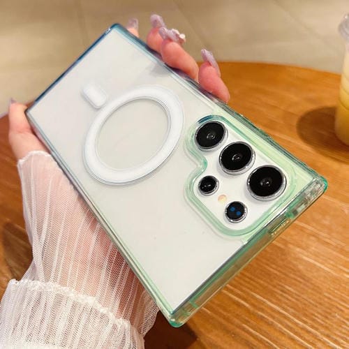 Funda MagSafe transparente con degradado de color en contraste para Samsung Galaxy S21 Ultra 5G (verde y azul)