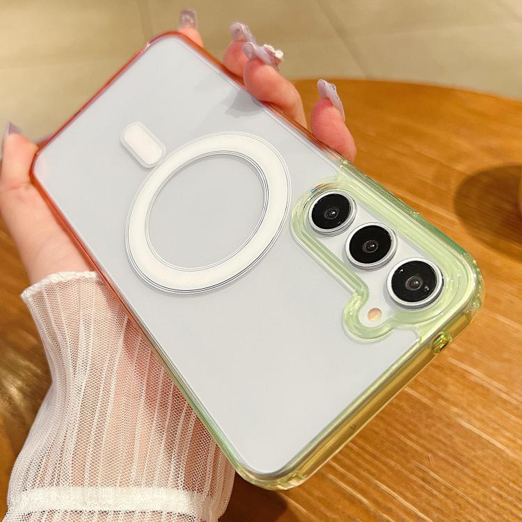 Funda MagSafe transparente con degradado de color en contraste para Samsung Galaxy S22+ 5G (verde fluorescente y rosa claro)