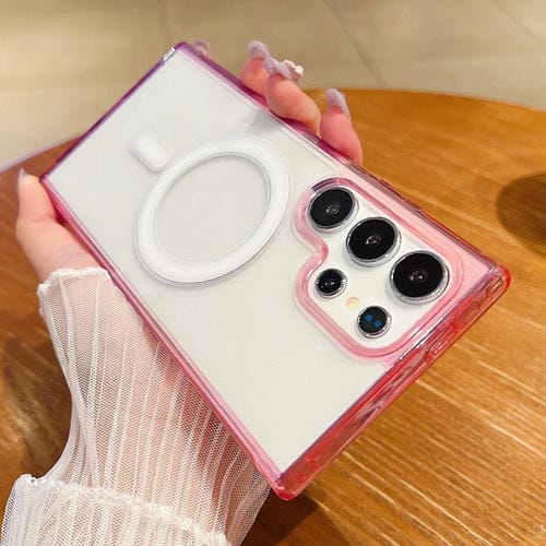 Funda MagSafe transparente con degradado de color en contraste para Samsung Galaxy S22 Ultra 5G (morado, rosa y morado claro)