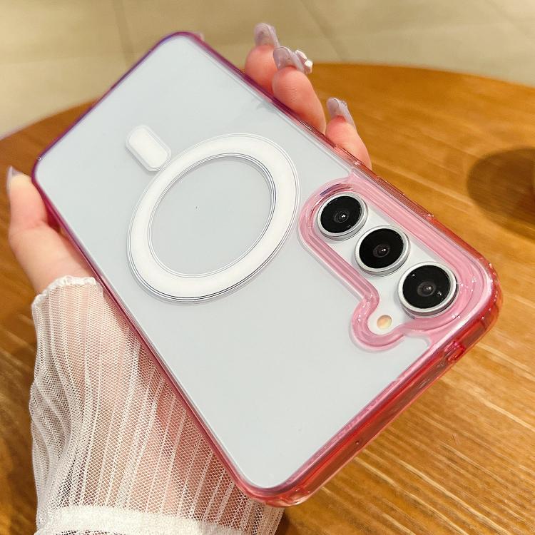 Funda MagSafe transparente con degradado de color en contraste para Samsung Galaxy S23 5G (morado, rosa y morado claro)
