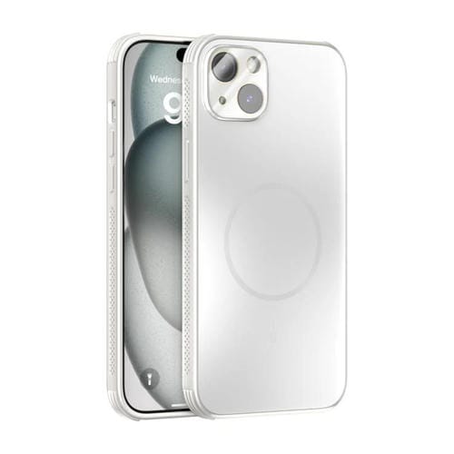 Funda ABEEL MagSafe esmerilada con disipación de calor y película para lente para iPhone 14 Plus (blanca)