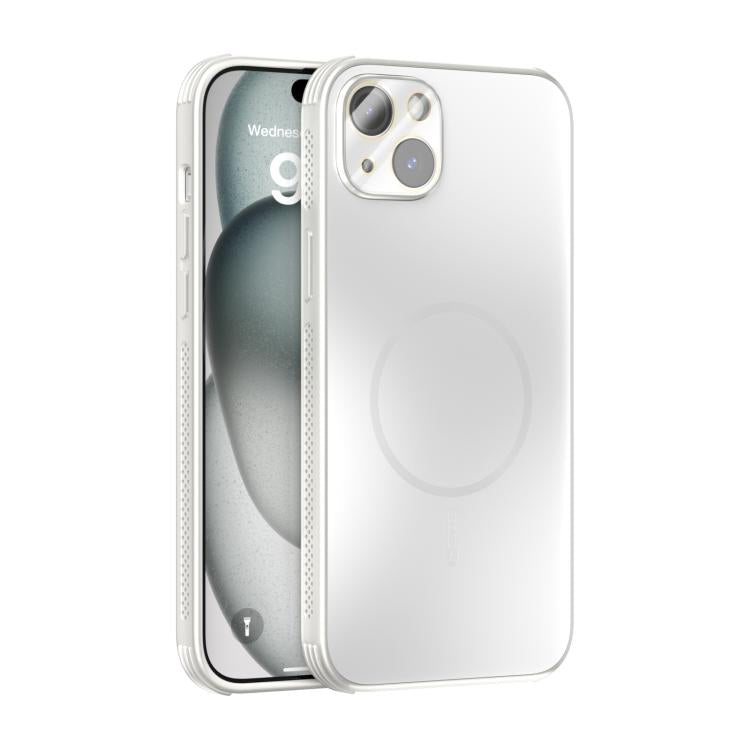Funda ABEEL MagSafe esmerilada con disipación de calor y película para lente para iPhone 14 Plus (blanca)