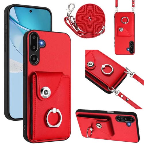 Funda para Samsung Galaxy M16 5G / F16 5G con tarjetero y anilla, con cordón largo (roja)
