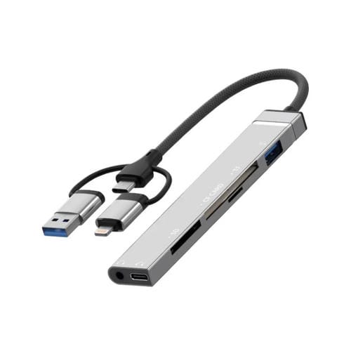 Lector de tarjetas USB Tipo C 8 pines a CF TF SD adaptador HUB 3,5 mm estación de acoplamiento 6 en 1 (Plateado)