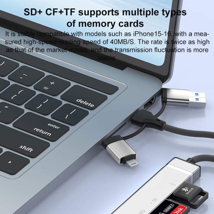 Lector de tarjetas USB Tipo C 8 pines a CF TF SD adaptador HUB 3,5 mm estación de acoplamiento 6 en 1 (Plateado)