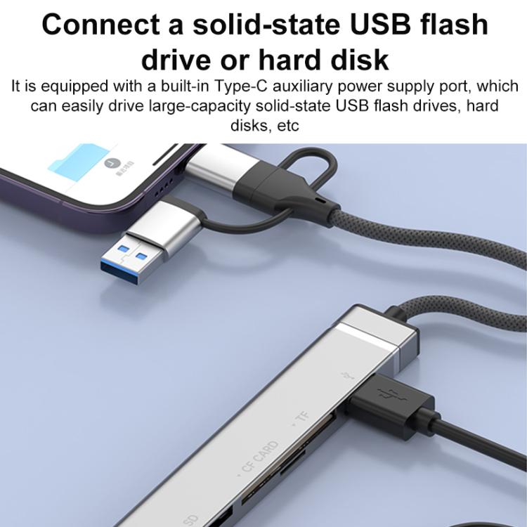 Lector de tarjetas USB Tipo C 8 pines a CF TF SD adaptador HUB 3,5 mm estación de acoplamiento 6 en 1 (Plateado)