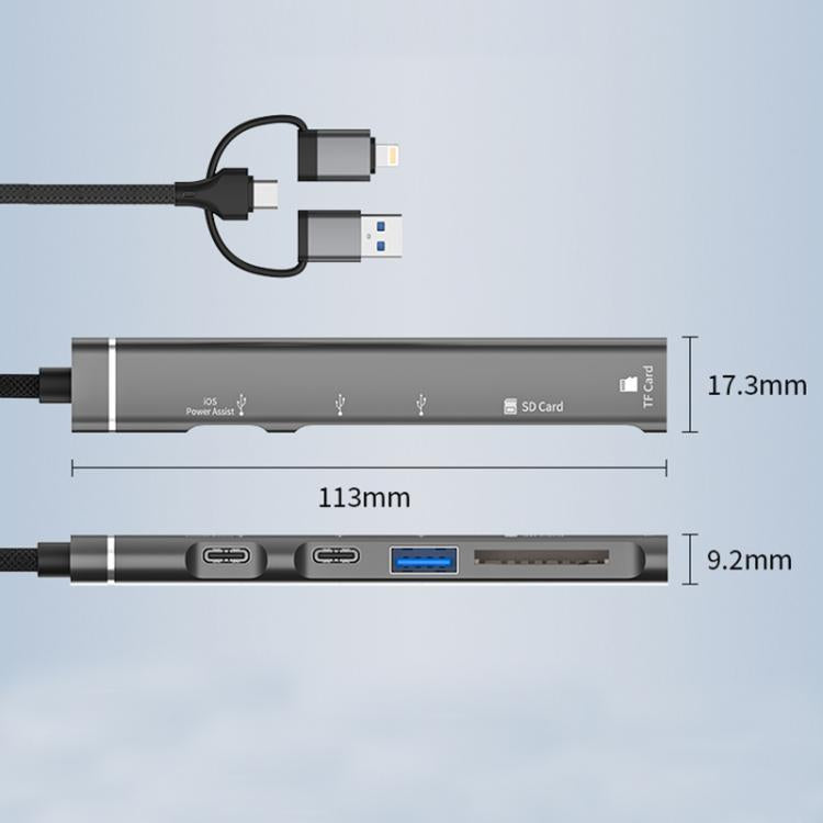 Adaptador USB Tipo C 8 pines a lector tarjetas TF SD concentrador estación acoplamiento 5 en 1 (Plateado)