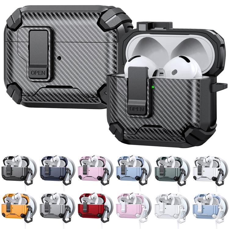 Estuche magnético MagSafe de dos colores con diseño de fibra de carbono para AirPods 4 (negro y rosa)