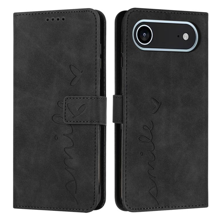 Funda de piel con relieve de corazón y cordón largo para iPhone 17 Air Skin Feel (negra)