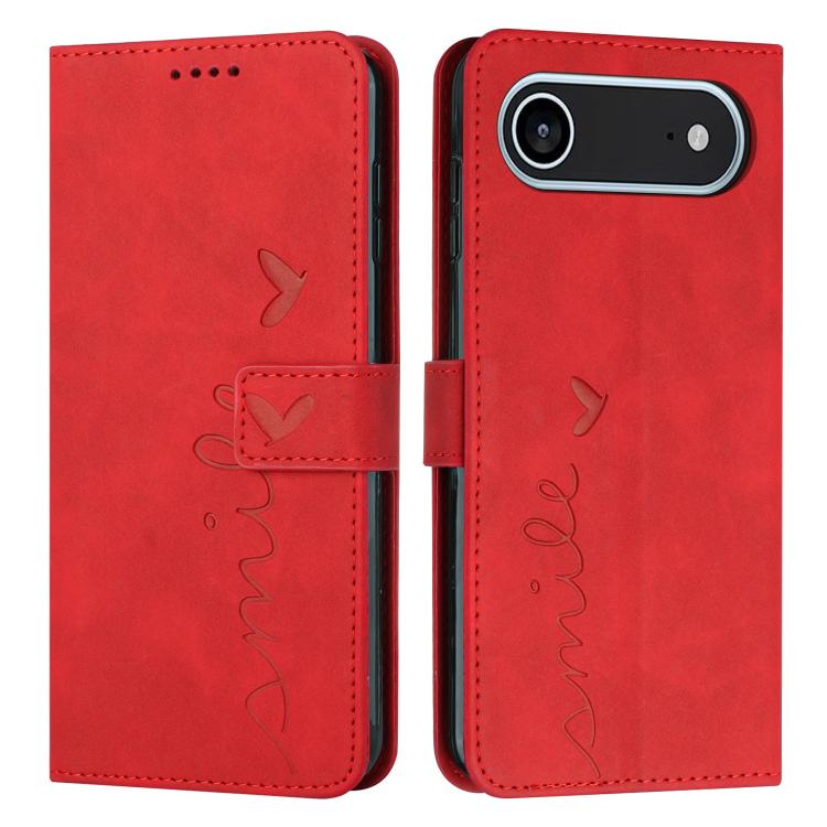 Funda de piel con relieve de corazón y cordón largo para iPhone 17 Air Skin Feel (roja)