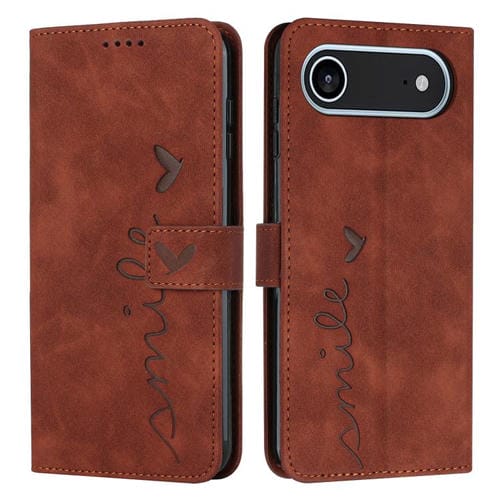 Funda de piel con relieve de corazón para iPhone 17 Air Skin Feel con cordón largo (marrón)