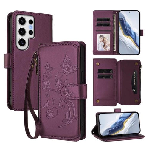 Funda de cuero con cremallera para Samsung Galaxy S24 Ultra 5G, diseño de mariposas, flores y amor, con múltiples tarjetas (morado oscuro)
