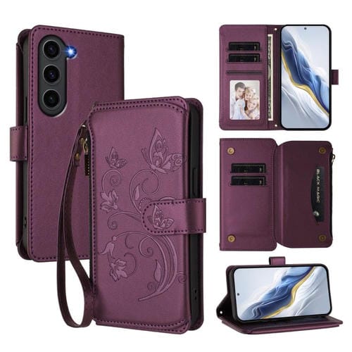 Funda de cuero con cremallera para Samsung Galaxy S23 5G, diseño de mariposas, flores y amor, con múltiples tarjetas (morado oscuro)