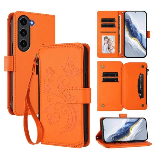 Funda de cuero con cremallera para Samsung Galaxy S23 5G, diseño de mariposas, flores y amor, con múltiples tarjetas (naranja)