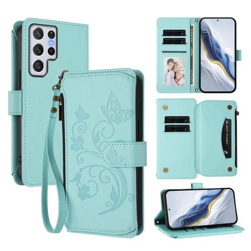 Funda de cuero con cremallera para Samsung Galaxy S22 Ultra 5G, diseño de mariposas, flores y amor, con múltiples tarjetas (verde menta)