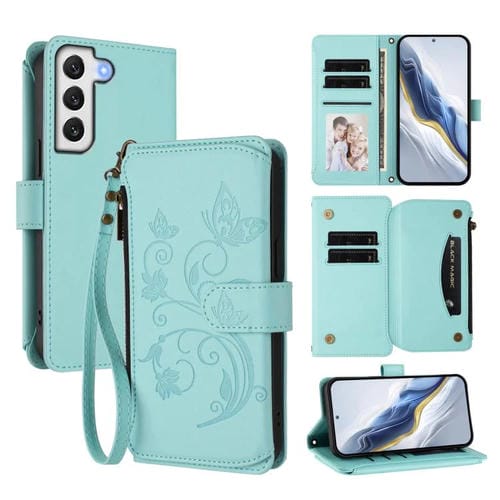 Funda de cuero con cremallera para Samsung Galaxy S22+ 5G, diseño de mariposas, flores y amor, con múltiples tarjetas (verde menta)