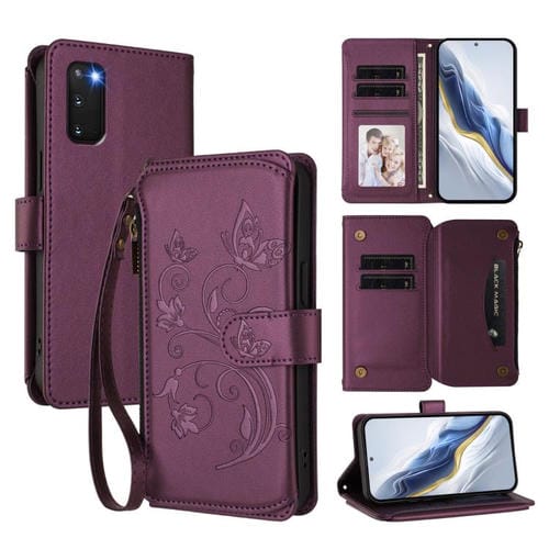 Funda de cuero con cremallera para Samsung Galaxy S20, diseño de mariposas, flores y amor (morado oscuro)