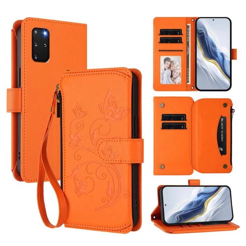 Funda de cuero con cremallera para Samsung Galaxy S20+, diseño de mariposas, flores y amor, con múltiples tarjetas (naranja)
