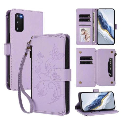 Funda de cuero con cremallera para Samsung Galaxy S20 FE, diseño de mariposas, flores y amor, con múltiples tarjetas (morado claro)