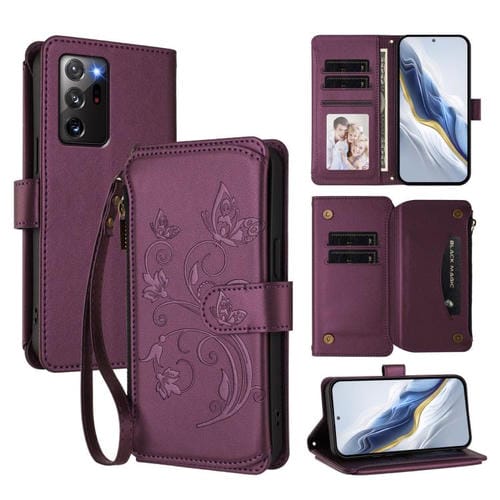 Funda de cuero con cremallera para Samsung Galaxy Note20 Ultra, diseño de mariposas, flores y amor, con múltiples tarjetas (morado oscuro)