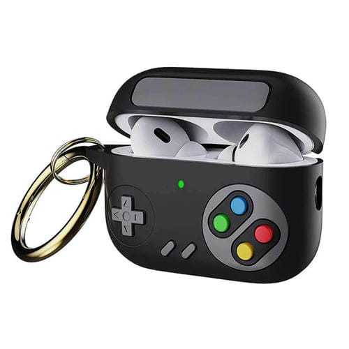 Funda protectora de silicona para auriculares AirPods 4 estilo consola de juegos retro (negra)