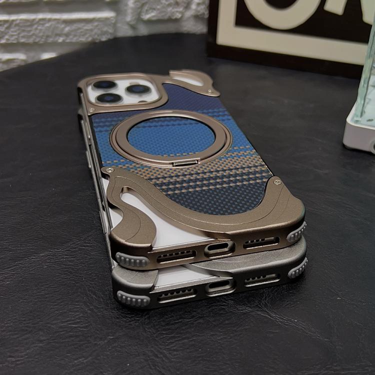 Funda de metal sin marco para iPhone 15 Pro Max con rotación de 360 grados y soporte MagSafe (plateada)