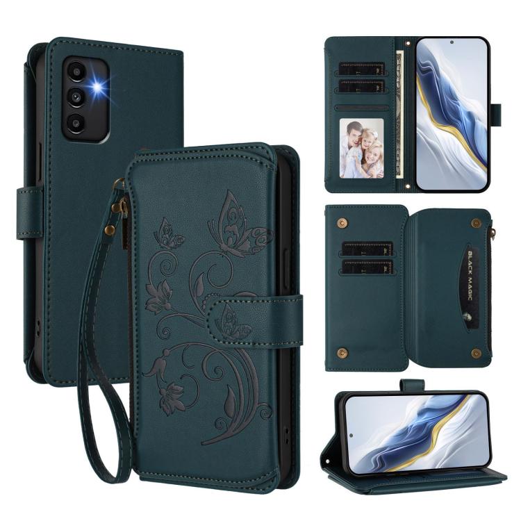 Funda de cuero con cremallera para Samsung Galaxy A13 4G / 5G / A04 4G, diseño de mariposas y flores, con múltiples tarjetas (verde oscuro)