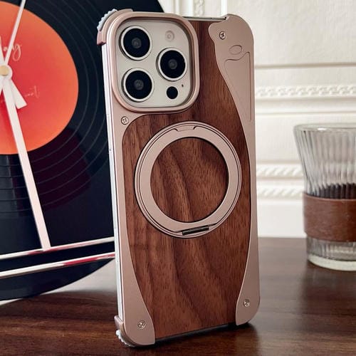 Funda de metal sin marco para iPhone 16 Pro Max, color nogal, con rotación de 360 grados y soporte MagSafe (dorado postre)