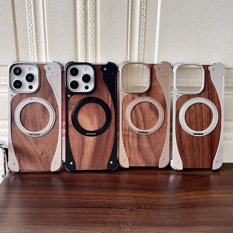 Funda de metal sin marco para iPhone 15 Pro Max, color nogal, con rotación de 360 grados y soporte MagSafe (dorado postre)