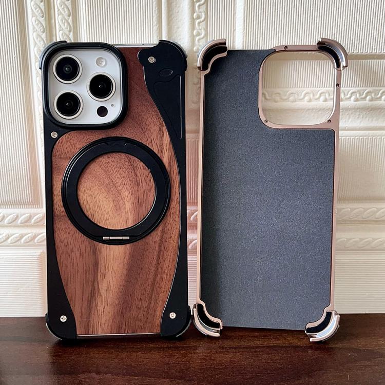 Funda de metal sin marco para iPhone 15 Pro, color nogal, con rotación de 360 grados y soporte MagSafe (negro)