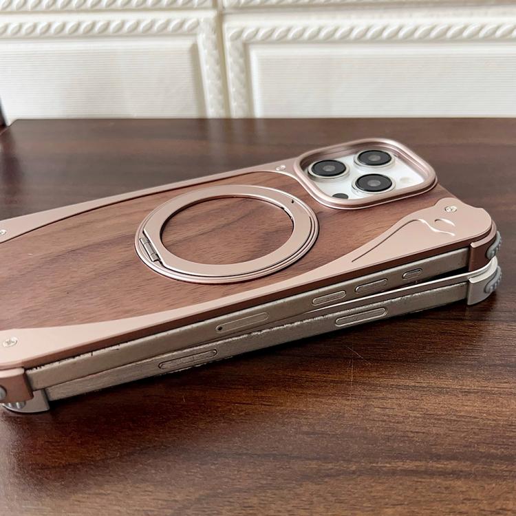Funda de metal sin marco para iPhone 15 Pro, color nogal, con rotación de 360 grados y soporte MagSafe (dorado postre)
