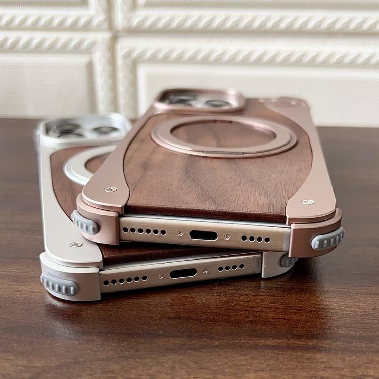 Funda de metal sin marco para iPhone 16 Pro, color nogal, con rotación de 360 grados y soporte MagSafe (negro)