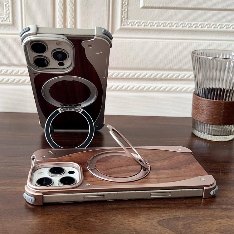 Funda de metal sin marco para iPhone 15 Pro, color nogal, con rotación de 360 grados y soporte MagSafe (negro)