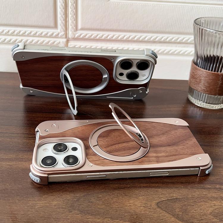 Funda de metal sin marco para iPhone 15 Pro, color nogal, con rotación de 360 grados y soporte MagSafe (plateada)